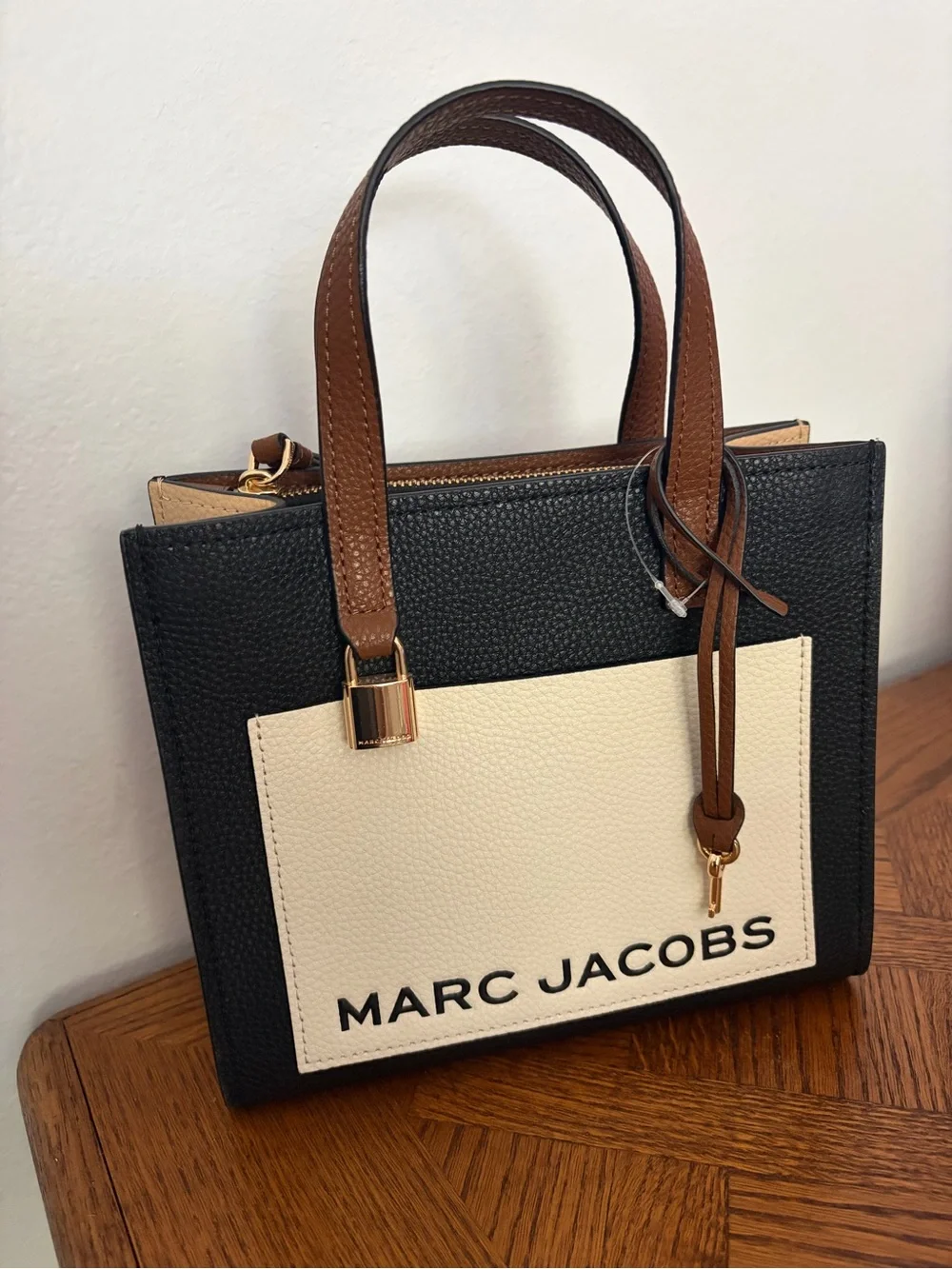 Marc Jacobs Black, Cream & Brown Satchel with Logo Front